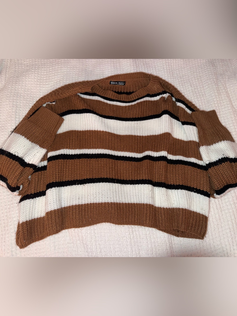 SHEIN Brown White and Black Striped Crewneck Sweater
